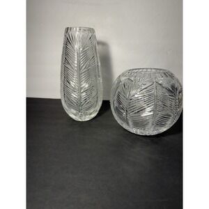 Palm Cut Crystal Vase & Rose Bowl Set 10" 6" Waterford Style Clear